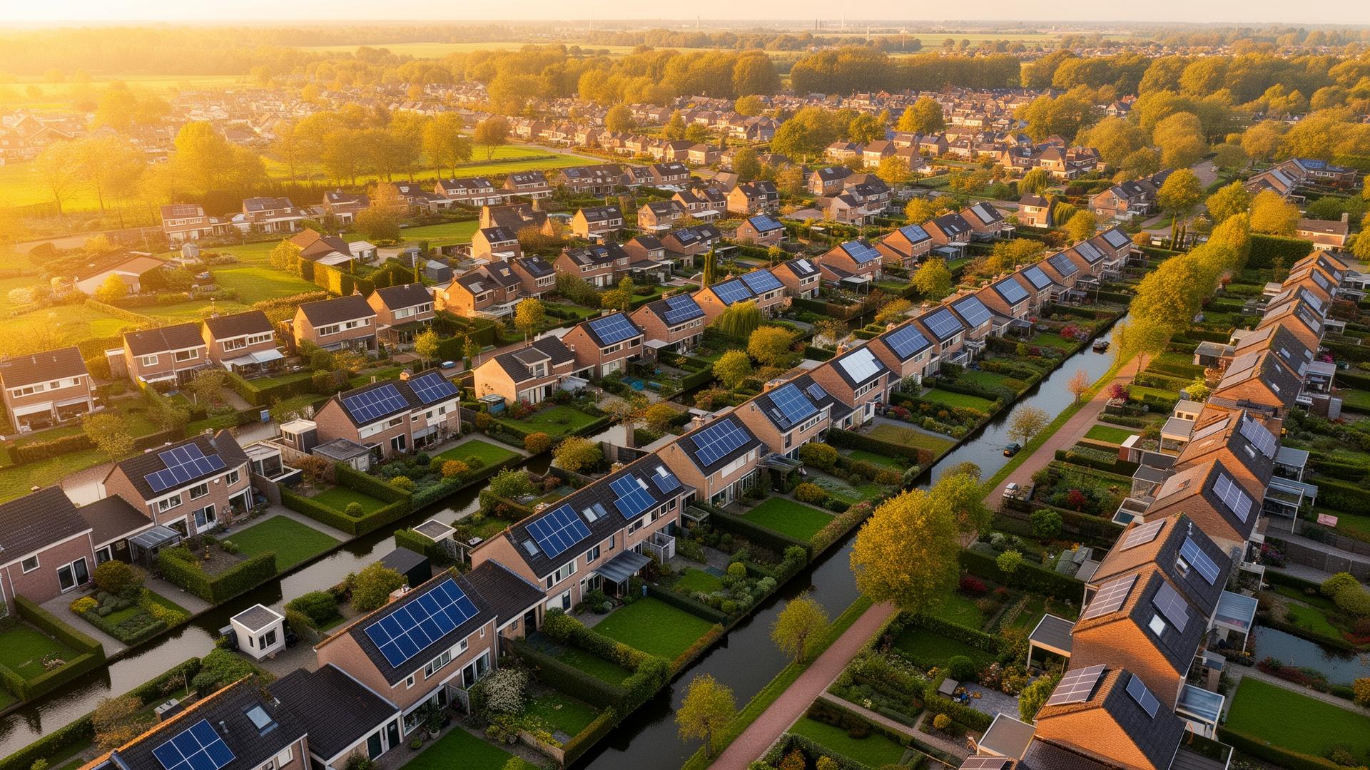 Luchtfoto van een Nederlandse wijk met zonnepanelen op vrijwel elk dak