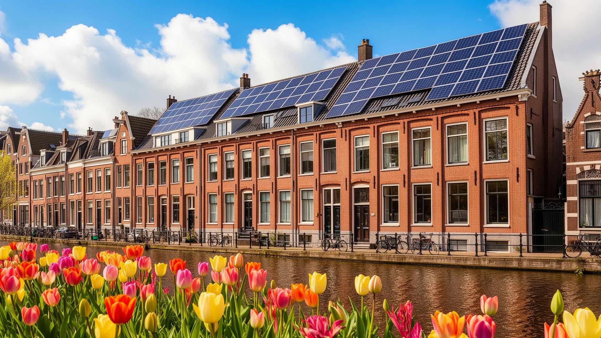 Nederlandse rijtjeshuizen met zonnepanelen op het dak langs een gracht