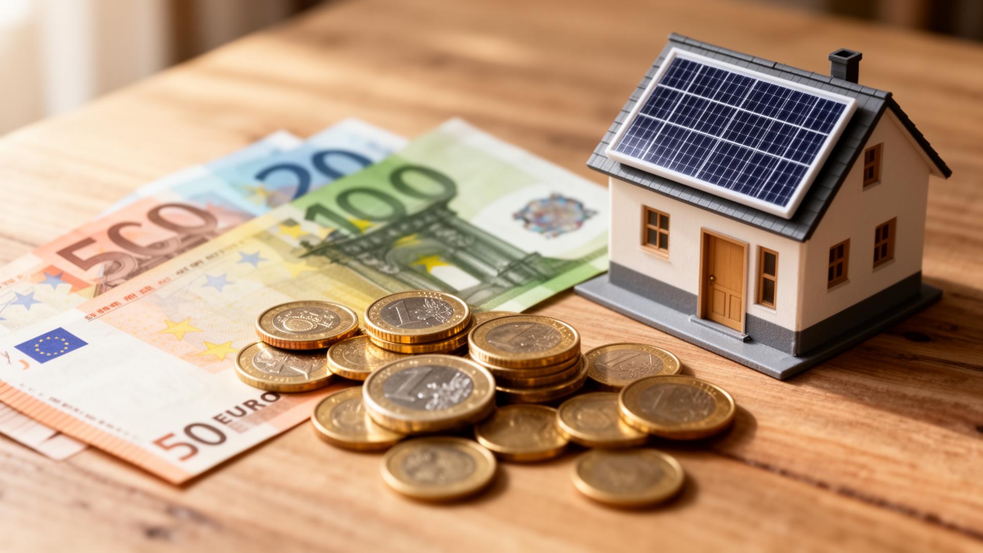 Eurobiljetten en muntstukken naast een huisje met zonnepanelen — symbool voor subsidie en besparing